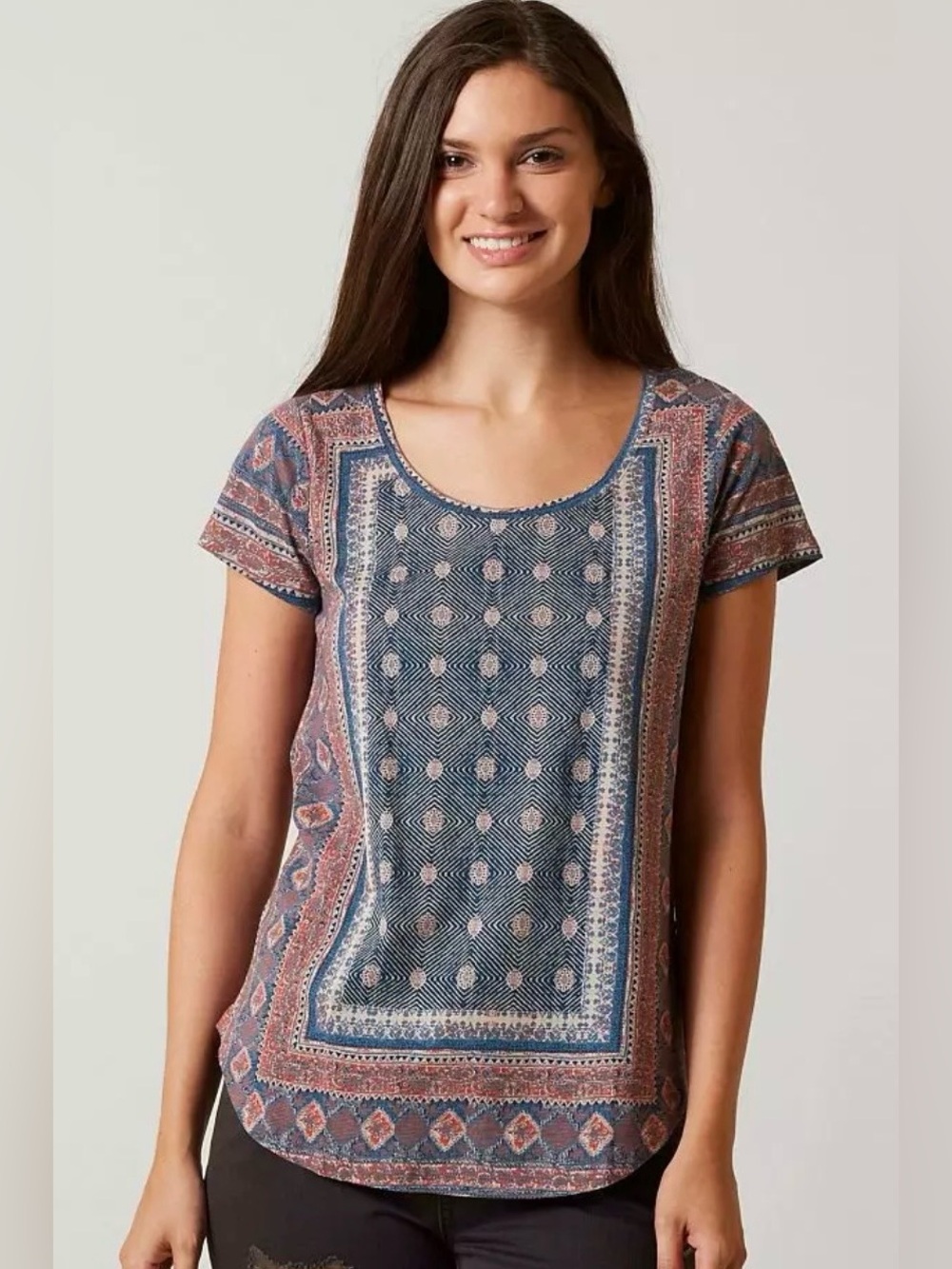 Lucky Brand Tee in Brown and Black Geometric Print